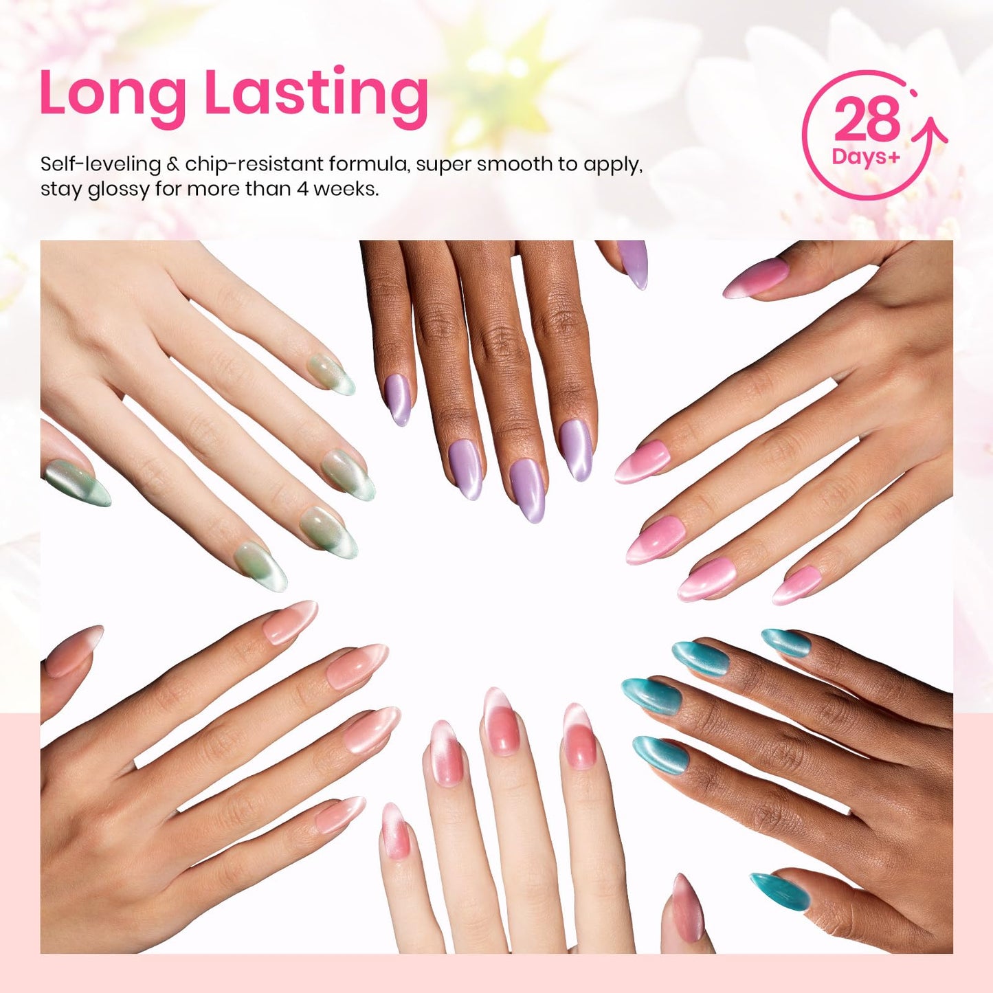 Beetles Cat Eye Gel Nail Polish Set, 6 Summer Colors Pastel Shimmer Glitter Gel Polish Kit Soak Off LED UV Curing Requires Pink Red Blue Orange Green Purple Velvet Gel with Magnet Gift for Women