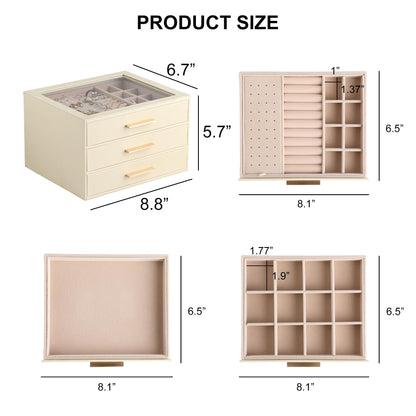 Frebeauty Clear Lid Jewelry Box,3-Layer Jewelry Organizer with Drawer,PU Leather Jewelry Organizers and Storage,Jewelry Boxes for Women,Jewelry Storage for Rings Earring Stud,Gift for Women(Beige)