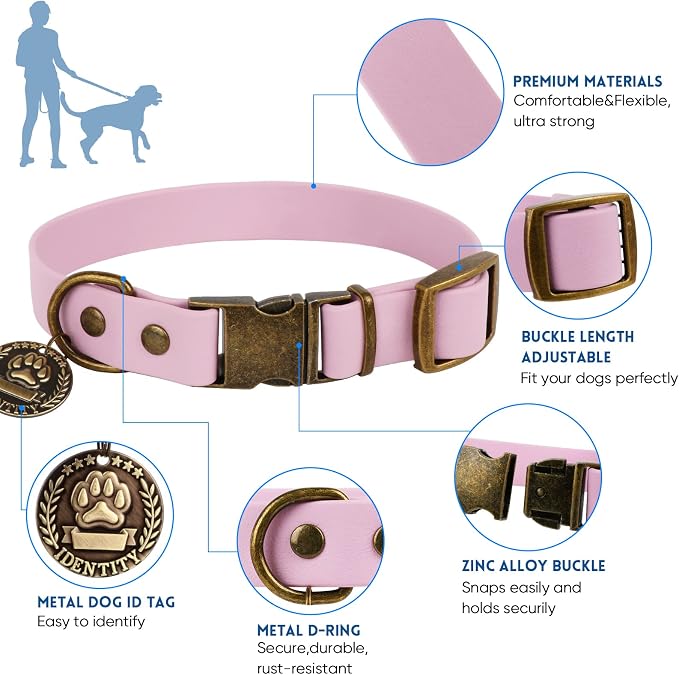 Wisedog Waterproof Dog Collar and Leash Set, XL, Pale Pinkish Purple | Adjustable Puppy Collar, Cute Tag, 6FT Dog Leash, Includes Poop Bag, For Small Medium Large Dogs