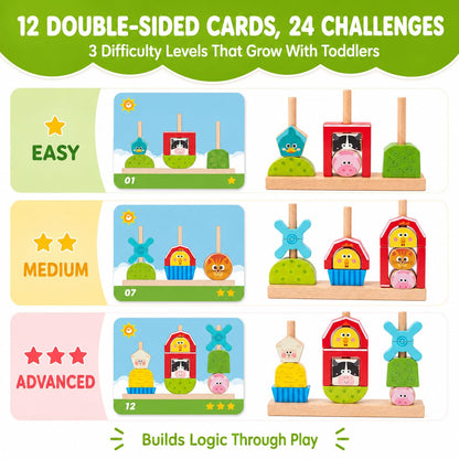 hahaland Montessori Toys for 1 2 3 Year Old, Wooden Farm Stacking & Sorting Toy with Lacing Beads, Shape Cards & Brain Blocks, Toddler Puzzle Activity, Learning Gift for Boys Girls 12 Month+