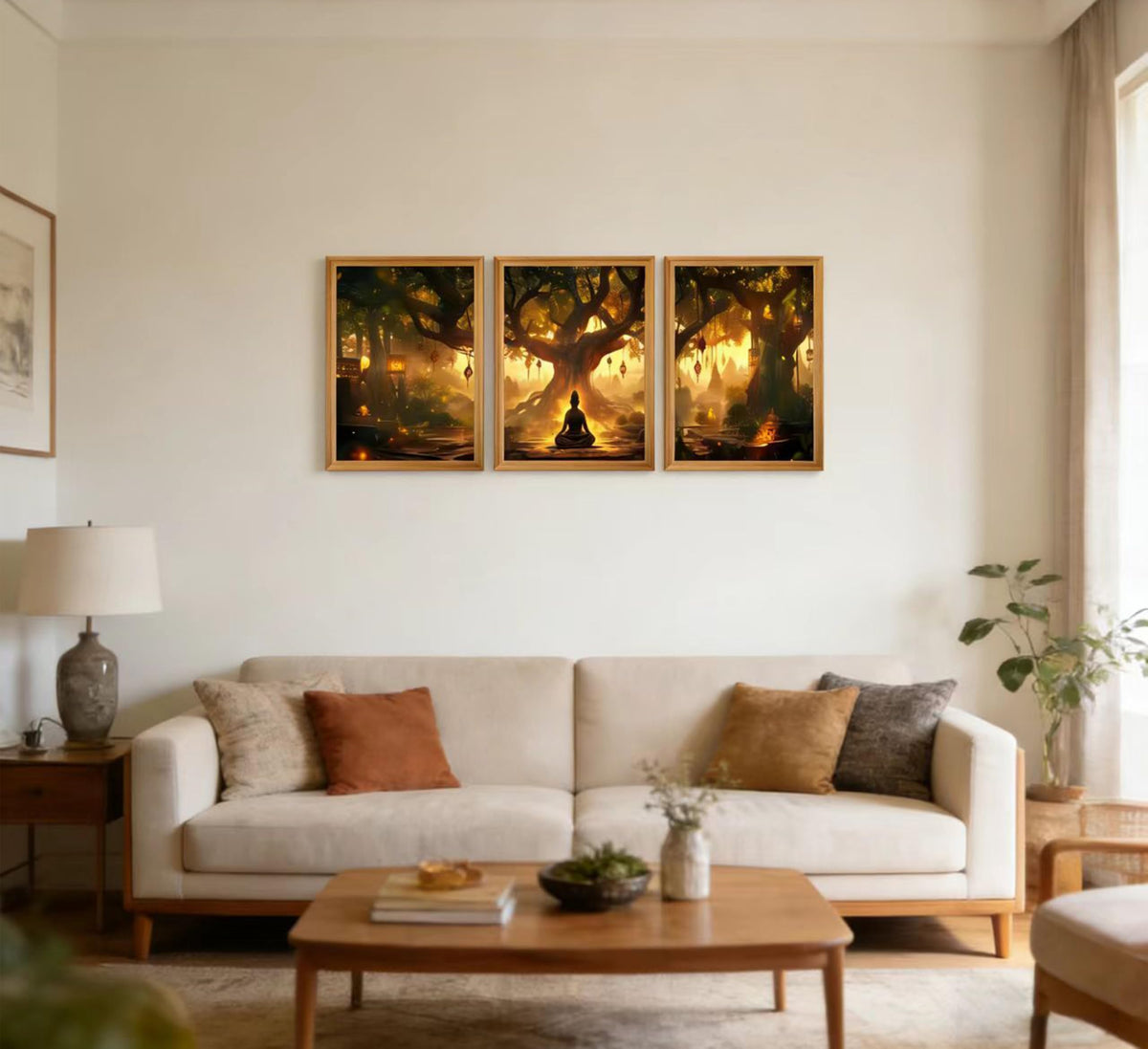 3Pcs Framed Buddha Under Bodhi Tree Canvas Wall Art，Zen Spiritual Wall Decor, Mystical Forest Lantern Poster for Living Room Bedroom Office