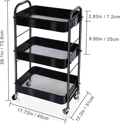 SUNLPH 3-Tier Rolling Utility Cart with Stopper Caster Wheels and 4 Hooks, Easy Assembly, for Kitchen, Bathroom, Living Room, Office (17.7”L x 12.2”W x 29.1”H, Black)
