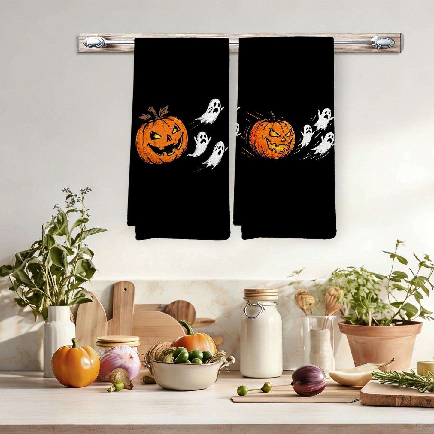 EGBTL Halloween Pumpkin Ghost Kitchen Towels, Halloween Hand Towels for Bathroom Decor, Funny Spooky Pumpkin Ghost Black Dishcloths Dish Towel for Kitchen 16x24 Inches Set of 2