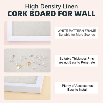OWLKELA 13.3"x17.7" inch Bulletin Board with Linen, White Wood Style Frame, with 10 Pushpins, Linen Cork Board, Ideal for School, Home & Office