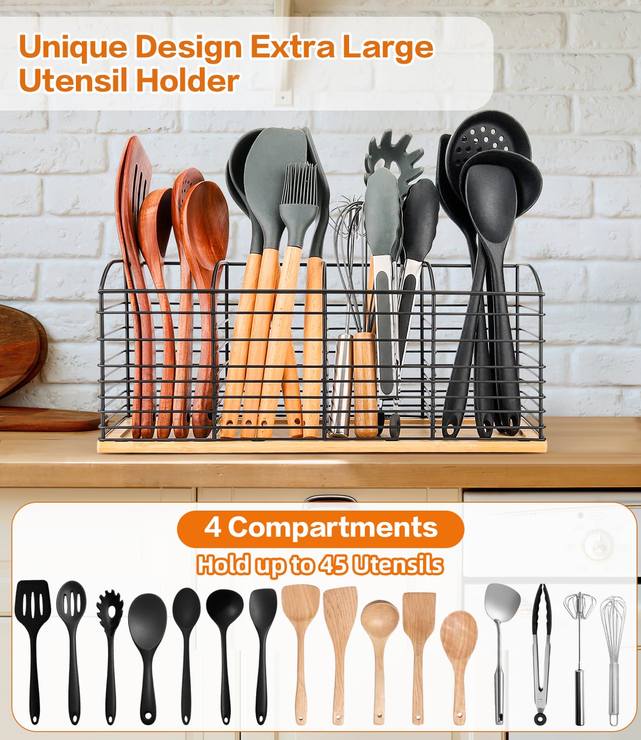 PrimZooty Extra Large Utensil Holder for Kitchen Counter - 15.7"x 6.7"x 4.4", Aesthetic Design, Anti-Slip Mat, 4 Compartments, Black Cooking Utensil Organizer for Countertop, Spatula Utensil Caddy