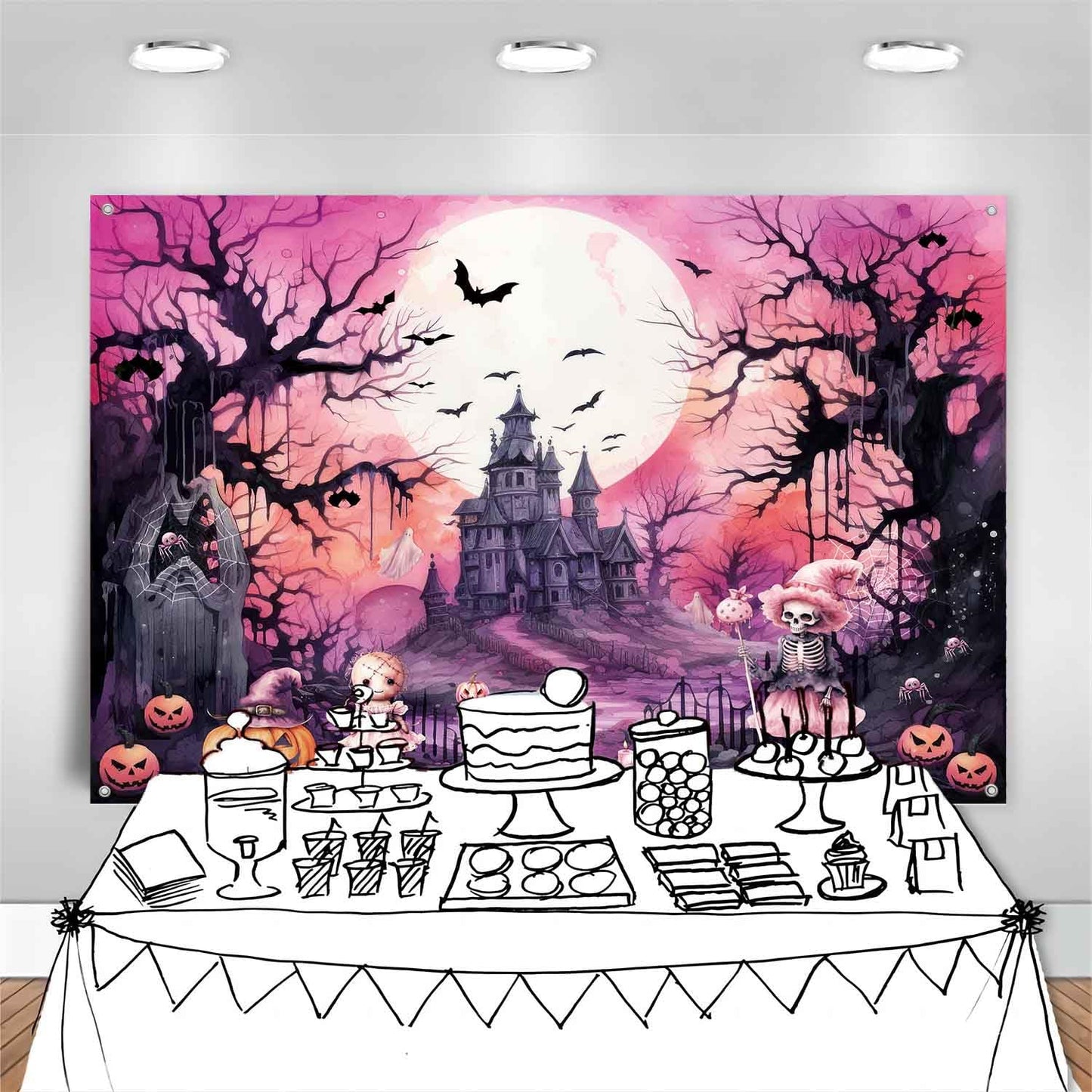 LDWLYW Pink Halloween Backdrop Banner Spooky Witch Halloween Birthday Party Decorations Pink Black Ghost Boo Haunted House Photo Backdrop Background Wall Decor for Girls Kids 7x5 ft