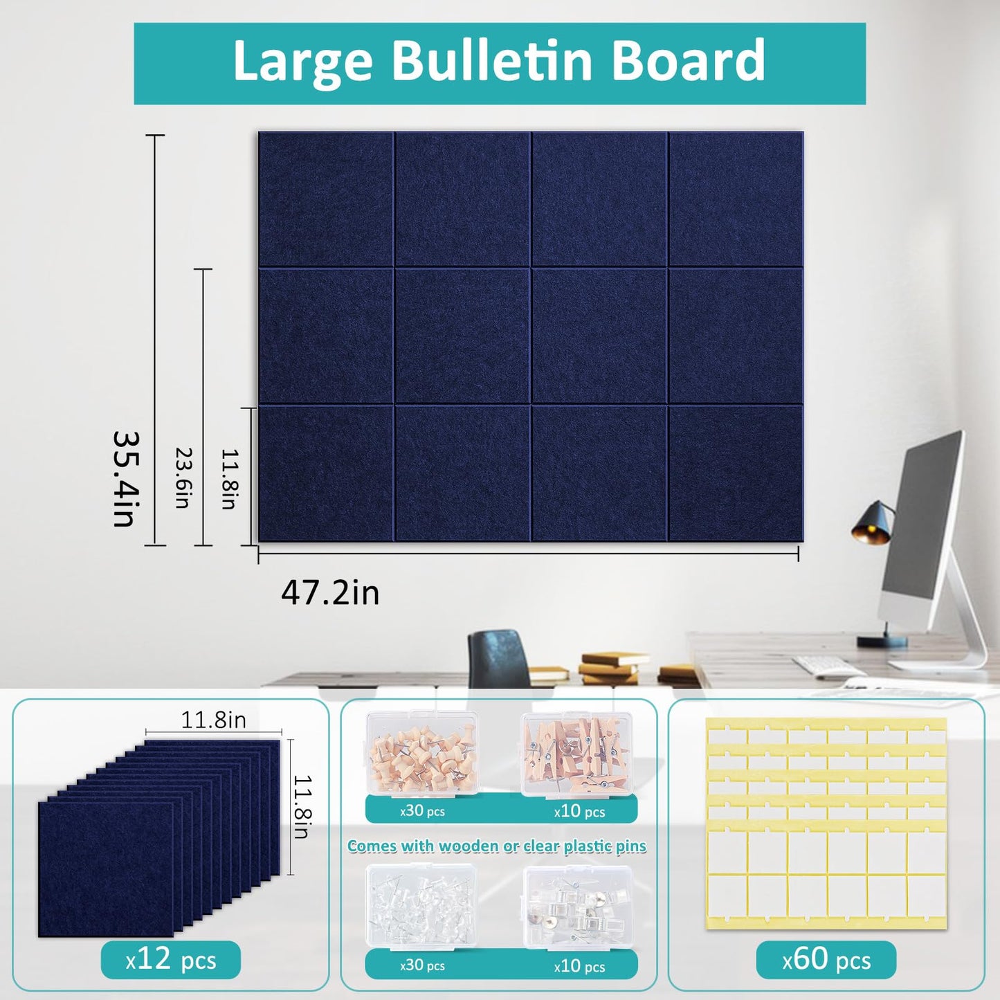 Bounmer Large Cork Bulletin Board - 48" x 36" Cork Board for Walls - 12 Pack Felt Tiles, 60 Removable Safe Adhesive Tabs & 30 Pushpins - for Office, School, Home Decor (Navy Blue)