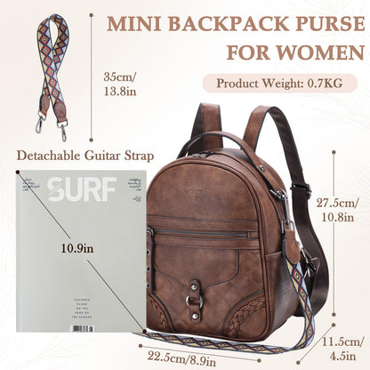 VASCHY Small Backpack Purse for Women, Cute Vegen Leather Mini Backpack for Lady with Guitar Shoulder Bag Handbag Strap Brown