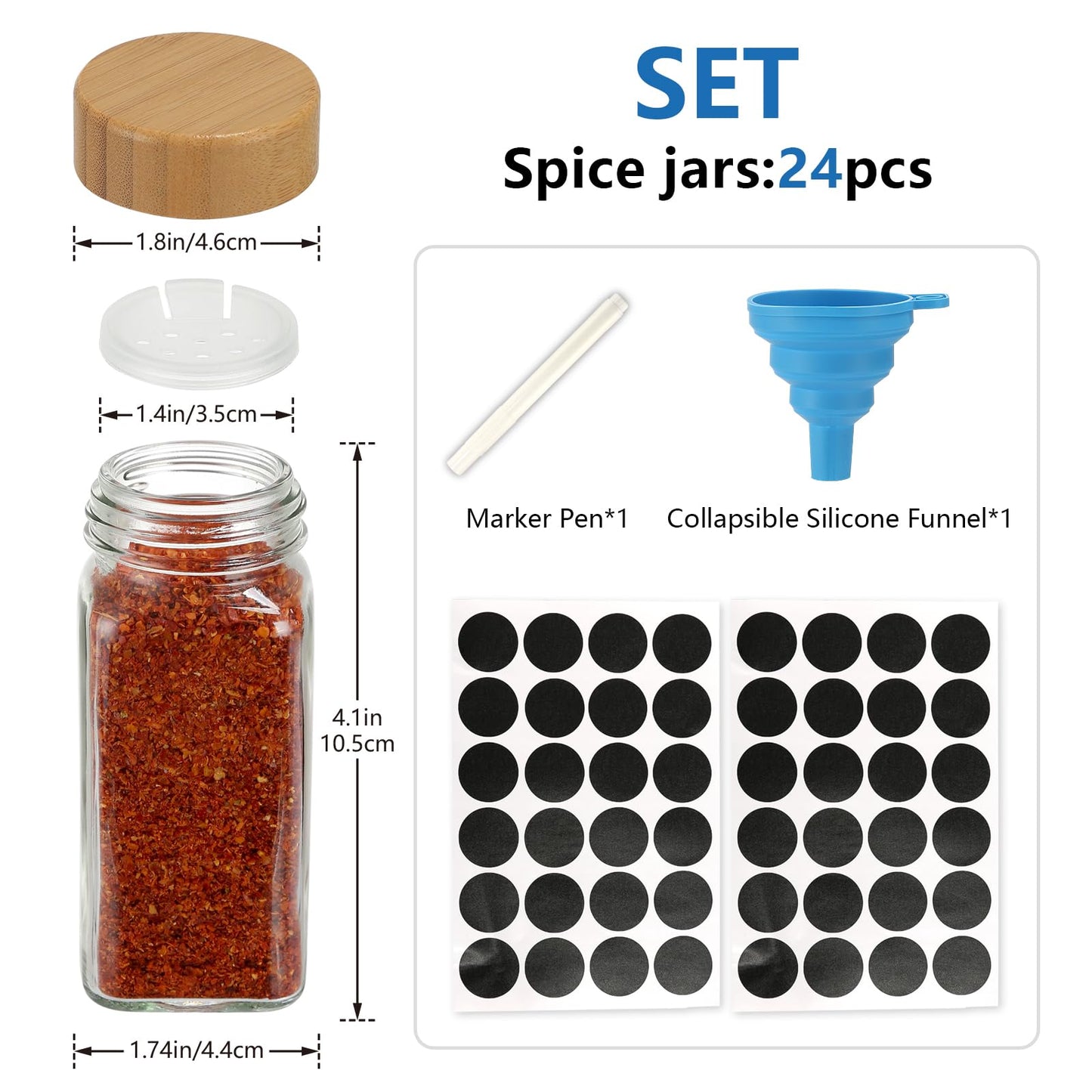 MYQYBRO 24Pcs Glass Spice Jars with Labels, 4oz Spice Containers with Bamboo Lids, Square Seasoning Containers Trial and Supplement Set for Spice Rack, Drawer, Cabinet