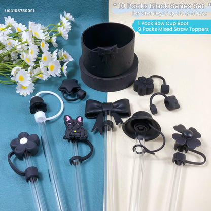 SCRMROIA 10 Packs 3D Mixed Straw Toppers & Bow Cup Boot Set, Compatible with Stanley Cup 30&40 Oz, Soft Silicone Accessories, Covers Fit 0.4in/10mm Straw, Dust Proof Anti-Scratch (Black Series)