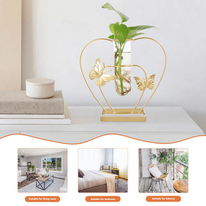 HOMSFOU Metal Framed Hydroponic Flower Vase Butterfly Pattern, Heart-Shaped Glass Plant Terrarium, Creative Home Décor for Living Room and Wedding Centerpieces