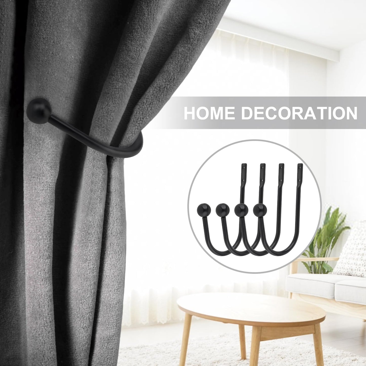 Curtain Holdbacks 4 Pack,Wall Mounted Black Window Curtain Hooks for Wall