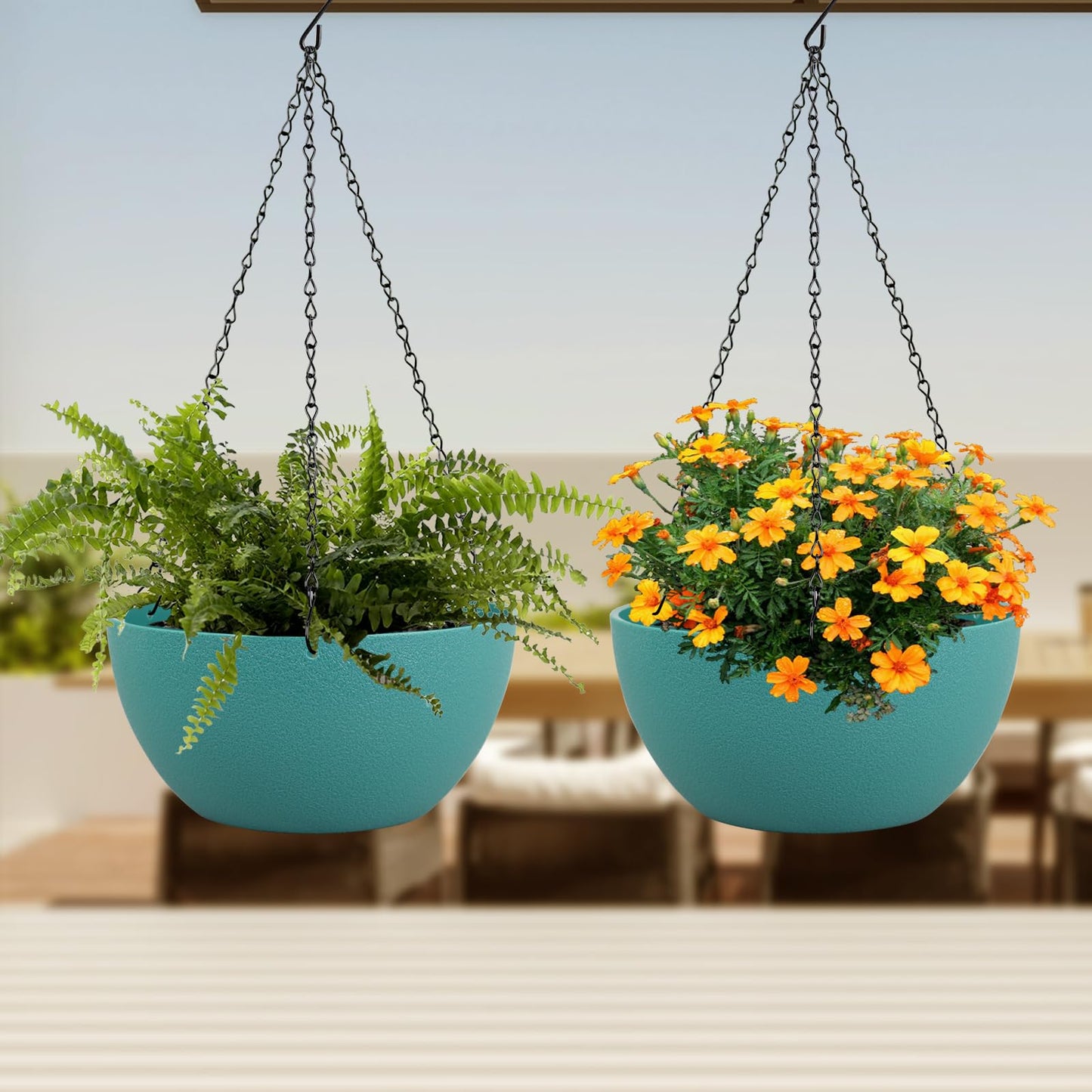 Meowell 8 inch Small Hanging Planters Plant Pots for Indoor Outdoor Plants, 2 Pack Hanging Flower Pots with Drainage Holes and Chain for Garden, Plastic Hanging Baskets for House Plants, Blue Green