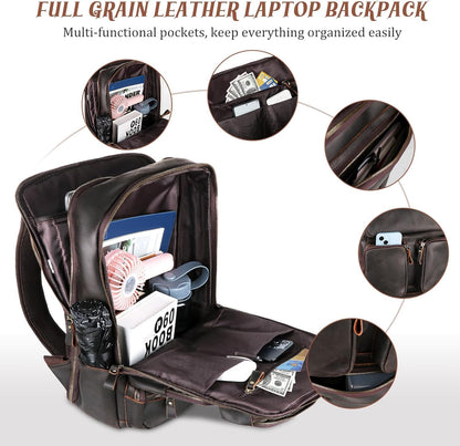 Fshsup Vintage Genuine Leather Backpack for Men 17.3" Laptop Bag Full Grain Leather Backpack Travel Weekender Hiking Shoulder Daypacks Overnight Weekender Rucksack