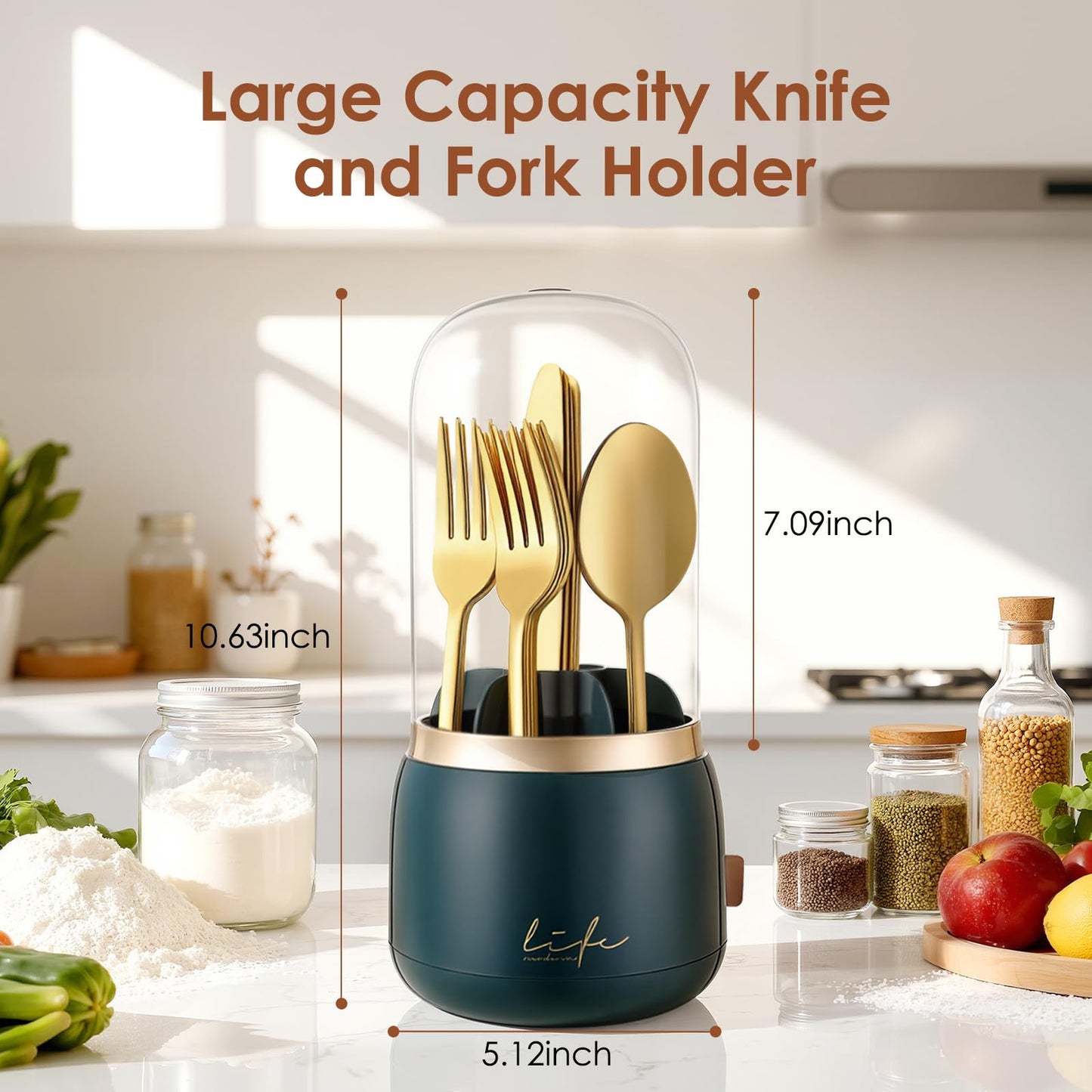 EXIN DECHEN 360 Rotation Silverware Organizer for Kitchen Counter, Utensil Holder Caddy with Cover, Spoon and Fork Organizer, 7 Slots and Intermediate Drainage Device