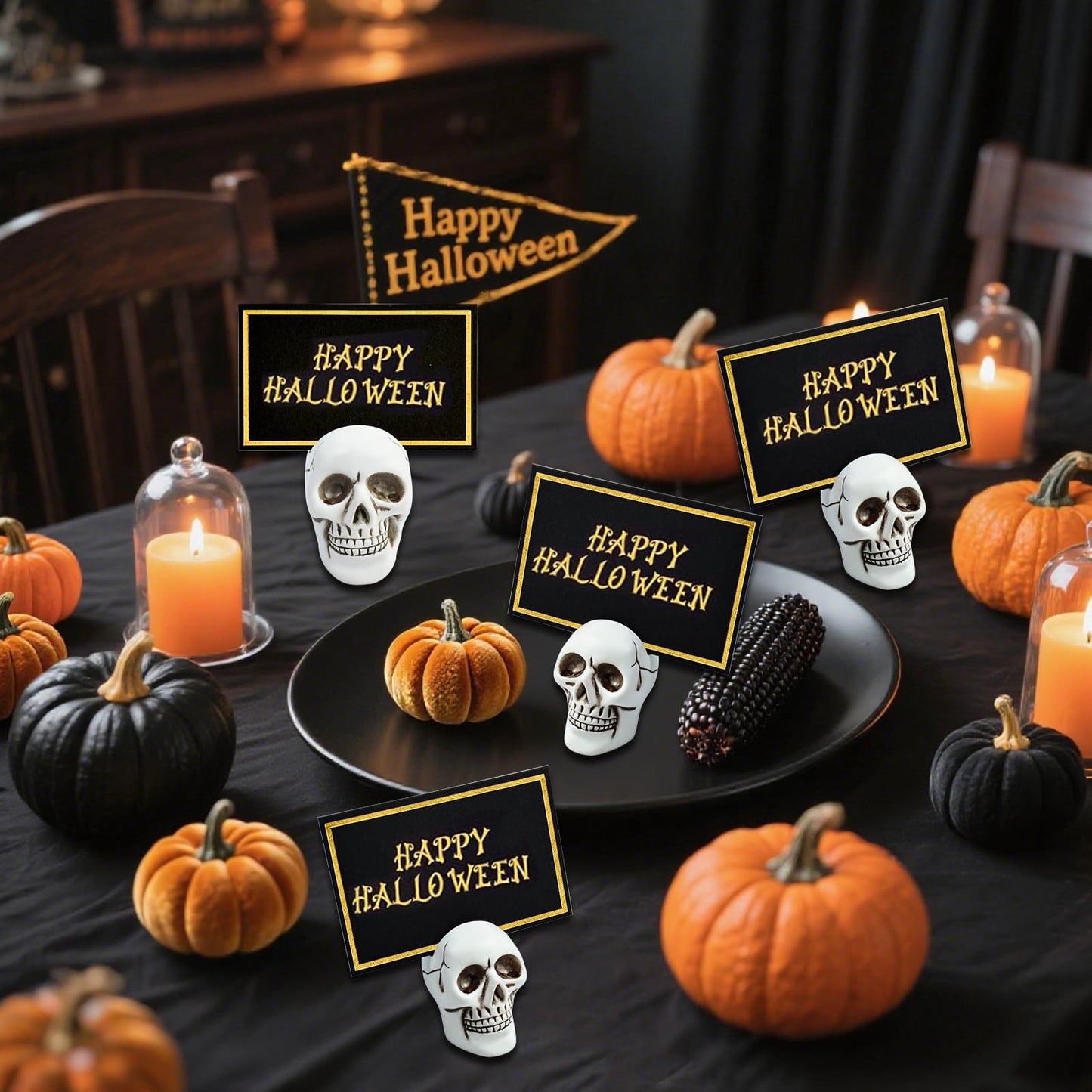 12pcs Halloween Skull Place Card Holders with 24 Cards, Skeleton Table Number Name Card Holder Gothic Photo Stands Display Centerpieces Halloween Table Setting Decor for Scary Birthday Wedding Party