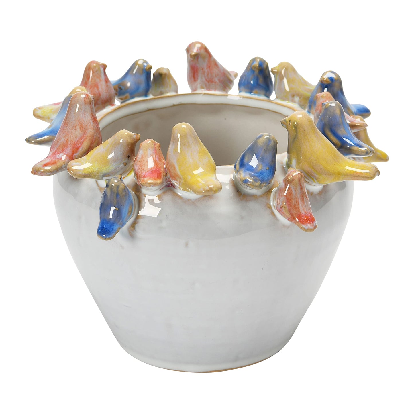 Creative Co-Op Stoneware Planter with Birds on Rim, Reactive Glaze
