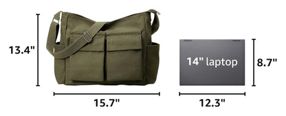 KALIDI Canvas Tote Messenger Bag with Pockets, Large Crossbody Bags for Women or Men, Casual Canvas Shoulder Bag for College Work Travel Daily, Army Green