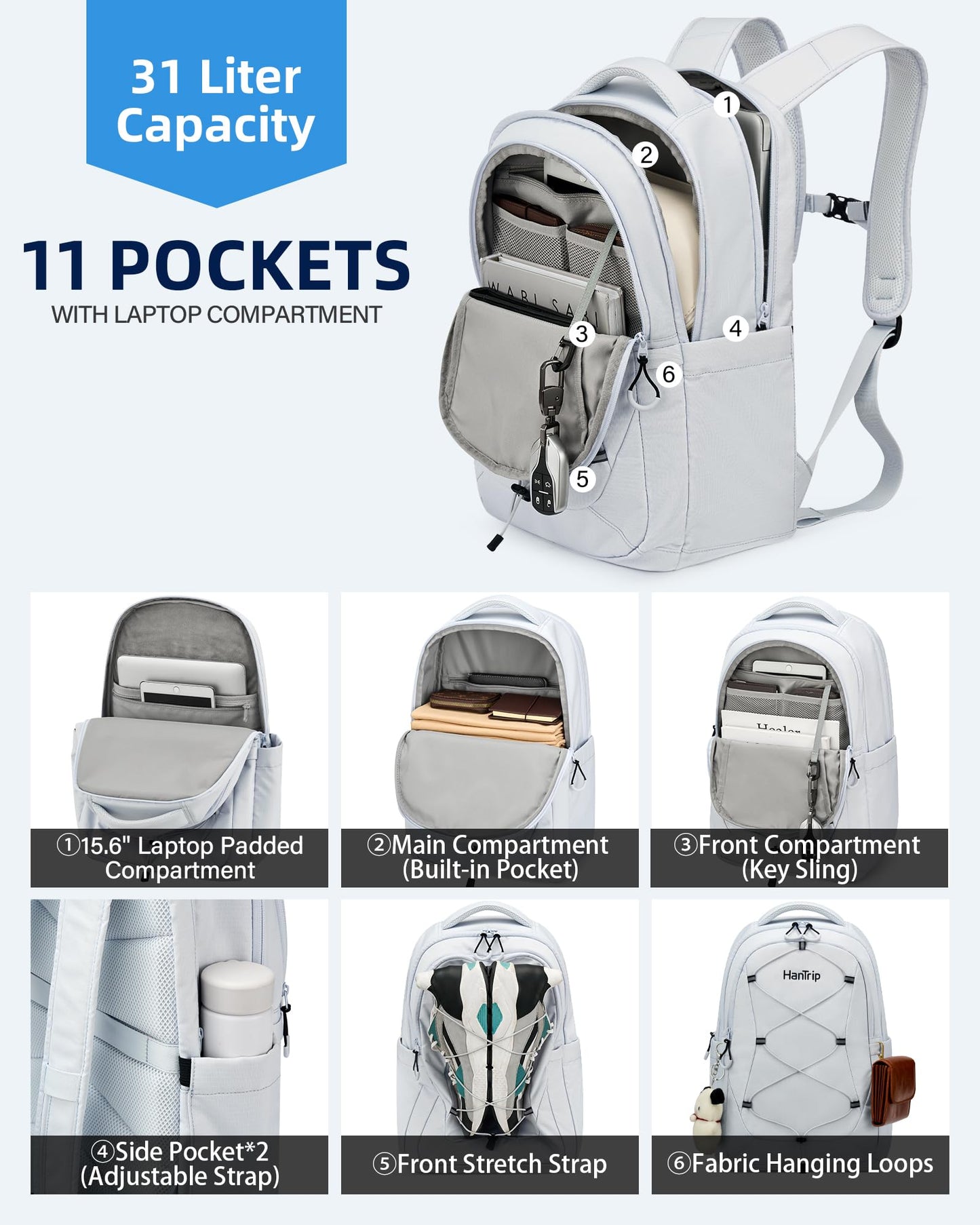 HanTrip Travel Laptop Backpack for Women Men, Large Work Backpack for Commuter College School Book Bags, Reflective Water Resistant Backpack with Luggage Strap Bottle Pocket Chest Strap, Glacier White