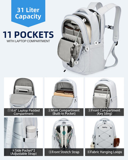 HanTrip Travel Laptop Backpack for Women Men, Large Work Backpack for Commuter College School Book Bags, Reflective Water Resistant Backpack with Luggage Strap Bottle Pocket Chest Strap, Glacier White