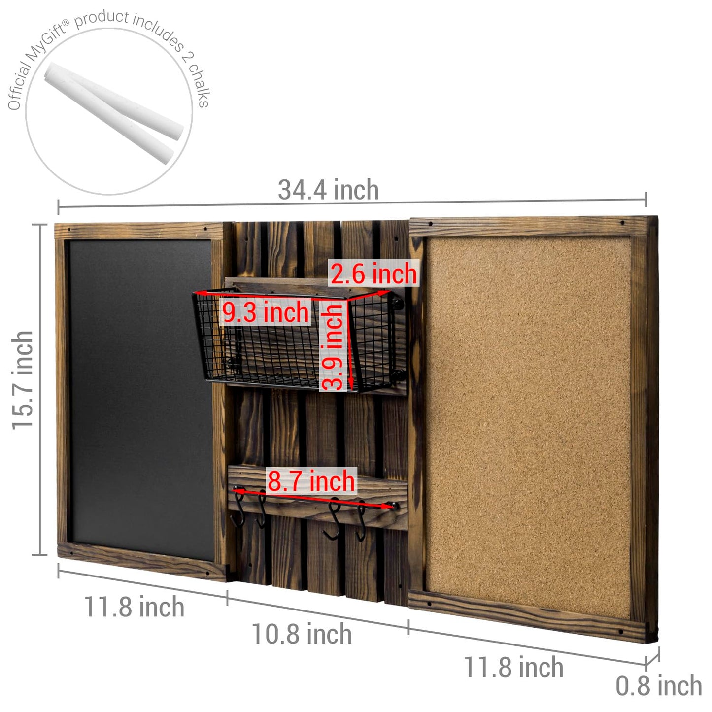 MyGift 3 Panel Wall Mounted Entryway Bulletin Board Combo Set with Rustic Burnt Solid Wood Frame with a Chalkboard, Cork Board, Black Metal Mail Basket, and Hanging Rail