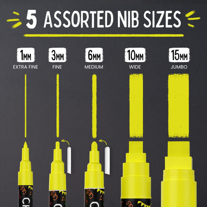 5 Yellow Chalkboard Chalk Markers - Yellow Dry Erase Markers for Blackboard, Chalkboard Signs, Windows, Glass | Variety Pack - Fine & Jumbo Size Ink Pen (1mm, 3mm, 6mm, 10mm, 15mm)