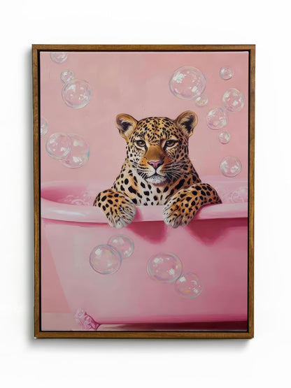 Framed Cheetah Bathroom Wall Art Pink Leopard in Bathtub Canvas Poster Funny Leopard Bathroom Print Maximalist Art Painting Trendy Bath bubbles Wall Decor Ready To Hang