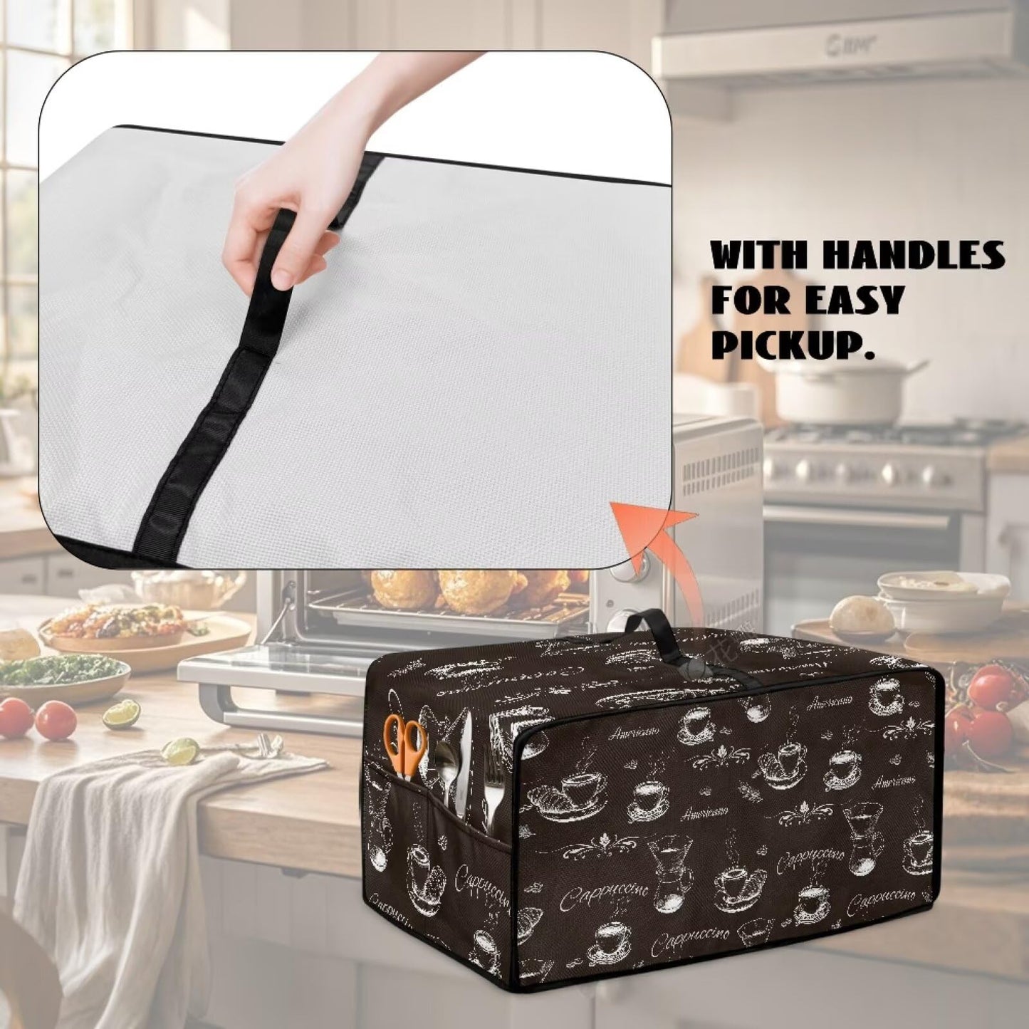 Pzuqiu Coffee Pattern Bread Machine Dust Cover with Multiple Pockets Anti Greasy Dustproof Bread Maker Dust Covers Fingerprint Protection Machine Washable