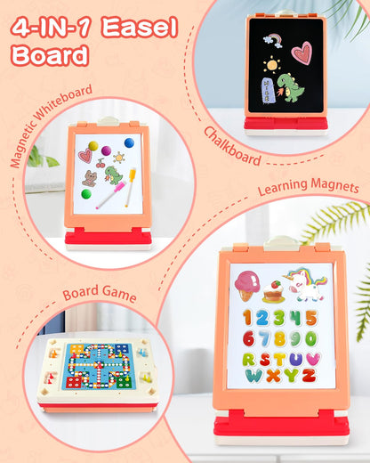 Elovien Foldable Art Easel for Kids, Double Sided with Chalkboard & Magnetic Dry Erase Board, Height Adjustable Desktop Easel, Educational Gift for Girls (Pink)