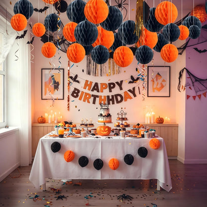 CC wonderland zone 12pcs Black and Orange Paper Honeycomb Balls,Hanging Tissue Pom poms for Halloween Party Decorations