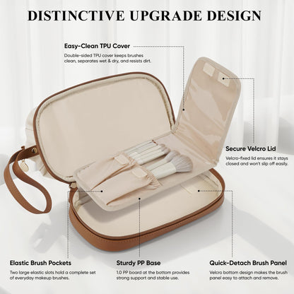 MSTONAL Travel Makeup Bag, Large Capacity Double Layer Cosmetic Bags for Women, Waterproof Portable Make Up Skincare Pouch with Makeup Brush Organizer, Toiletry Bag for Essentials, Beige & Brown