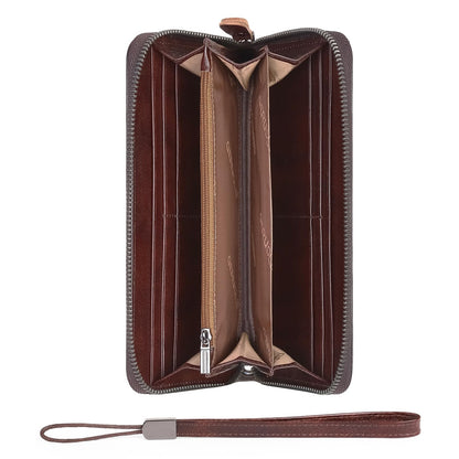 Men's Genuine Leather Zipper Wallet with RFID Blocking, Phone Pocket，Long Zipper Pouch Wallet (Coffee)