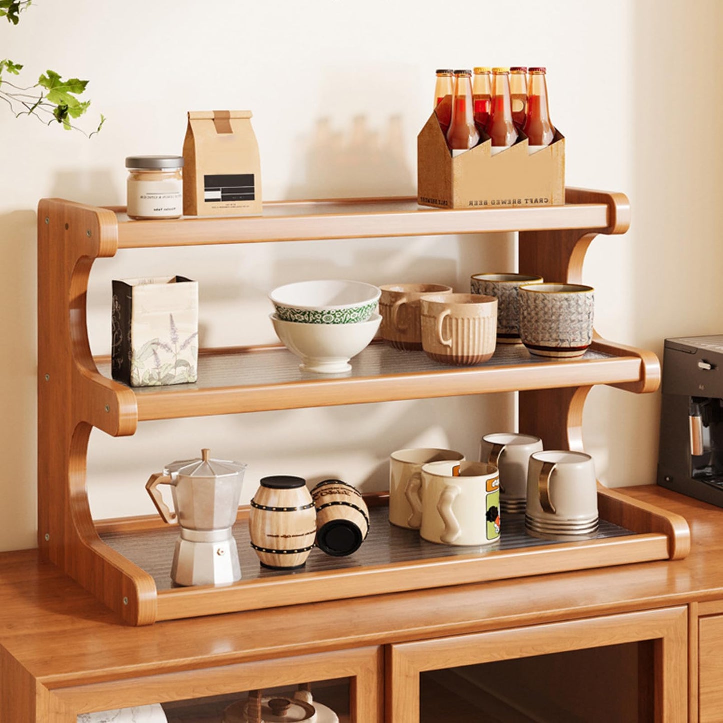 Wynfelo 3-Tier Wooden Mug Holder Countertop, Coffee Cup Holder Mug Display Coffee Mug Organizer Mug Rack for Coffee Station Organizer Mug Shelf for Cabinet for Kitchen, Home,Natural