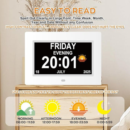 Digital Dementia Clocks for Seniors, 7 Inch, White | Day Date Time Large Display for Poor Vision Easy Read, Medication Reminder Alarm, Spanish 10 Languages, Alzheimer Gifts