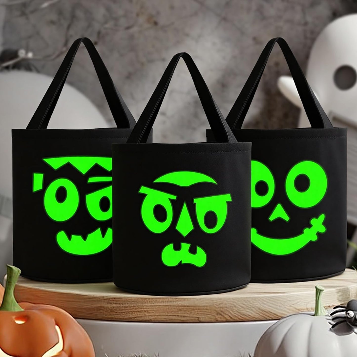 JCJ 3PCS Trick or Treat Bags Halloween Basket Candy Bucket Multipurpose Portable Collapsible Reusable Goody Bucket for Kids Halloween Party Favor