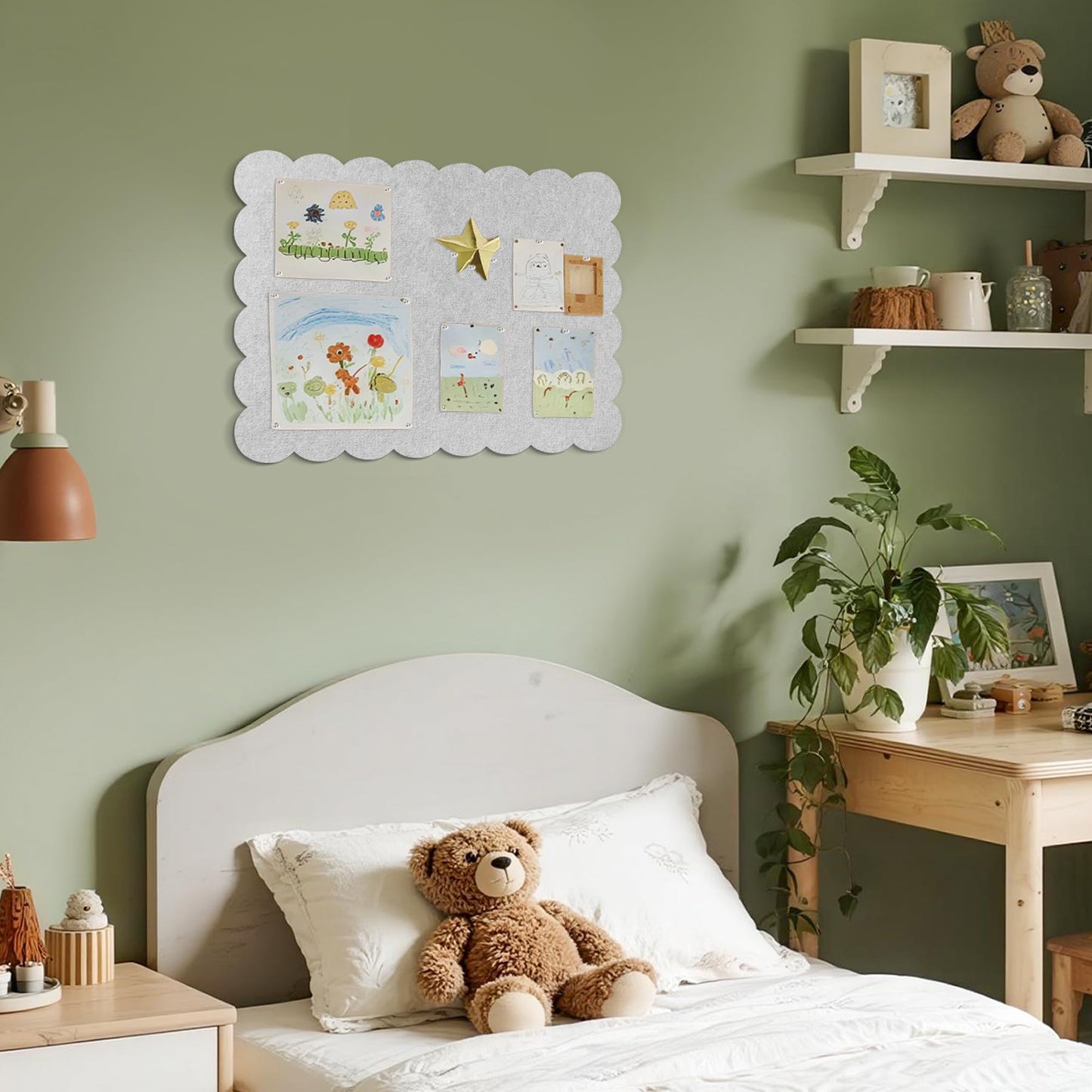 Lightomorrow Scalloped Bulletin Board, 24 x 18 Inches Felt Pin Board - Decorative Cork Alternative for Wall, Foldable Picture Self-Adhesive Vision Prayer Board with 20 Pushpins - Light Gray