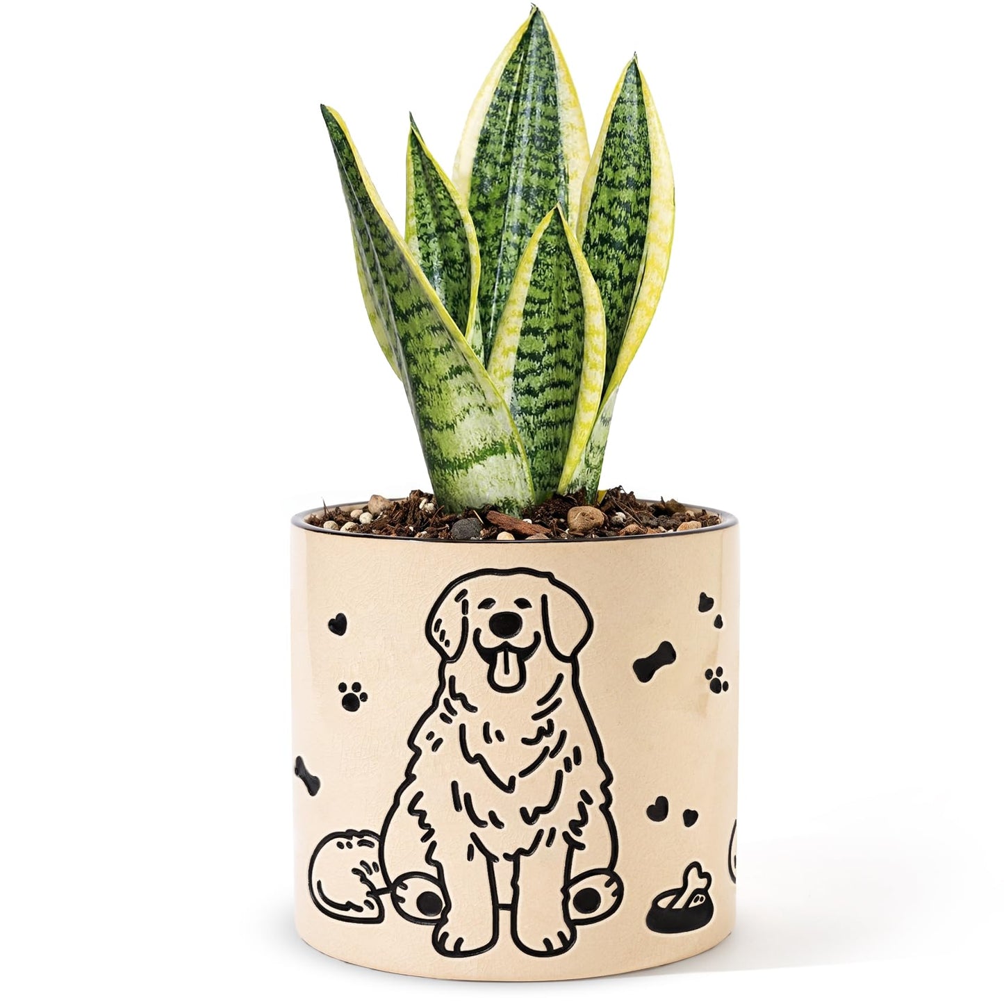 STHIE Ceramic Flower Pots with Drainage Holes, 5 inch Ceramic pots for Plants, Cute Round Flower Planters for Snake Plant, Hand-Painted Garden Pots (Sitting Dog)