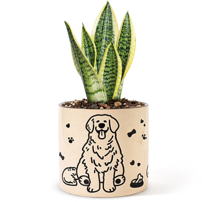 STHIE Ceramic Flower Pots with Drainage Holes, 5 inch Ceramic pots for Plants, Cute Round Flower Planters for Snake Plant, Hand-Painted Garden Pots (Sitting Dog)