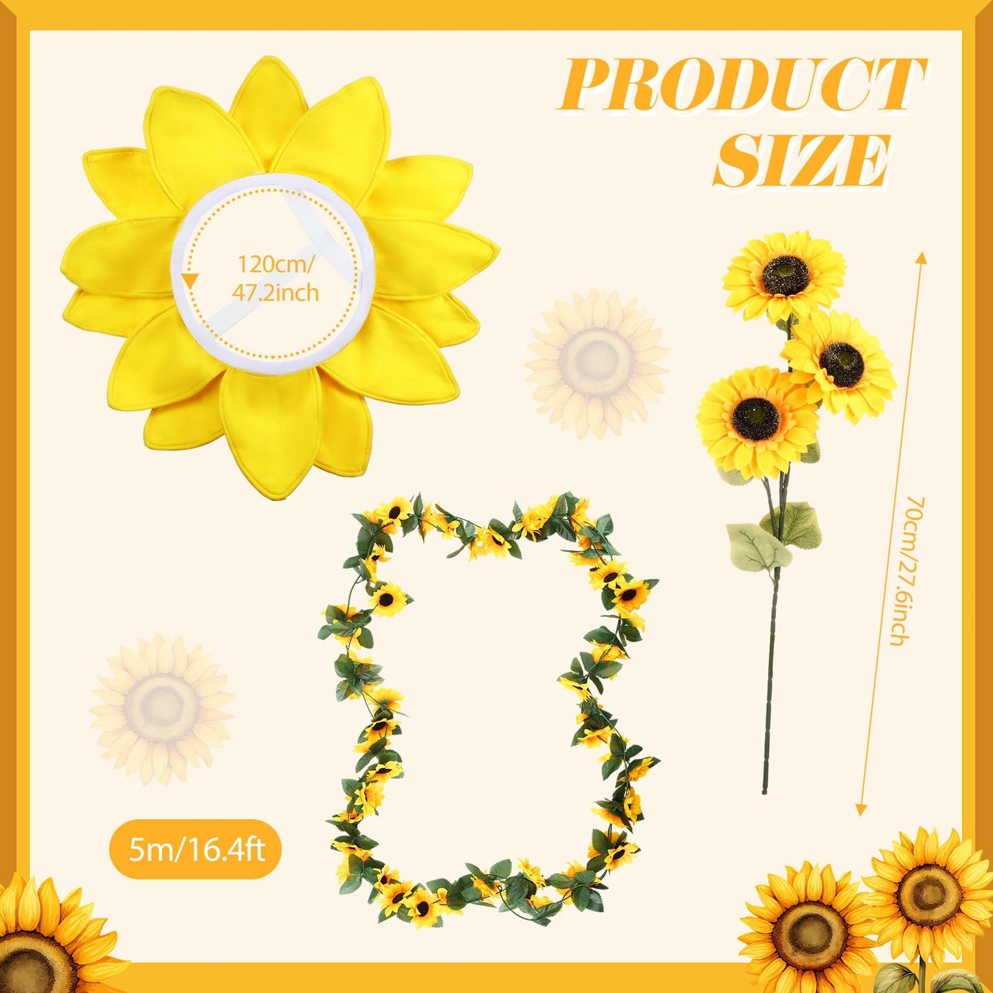 Hollowfly 3 Pcs 12 ft Skeleton Clothes Accessories Set Including Yellow Sunflower Head Wrap Garland and Bouquets of Sunflower Flowers for Spring Skeleton Costume Summer Outfit Dress Decor