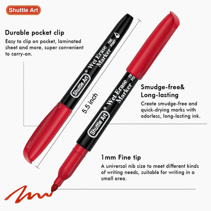 Shuttle Art Wet Erase Markers, 12 Colors 1mm Fine Tip Smudge-Free Markers, Use on Laminated Calendars,Overhead Projectors,Schedules,Whiteboards,Transparencies,Glass,Wipe with Water