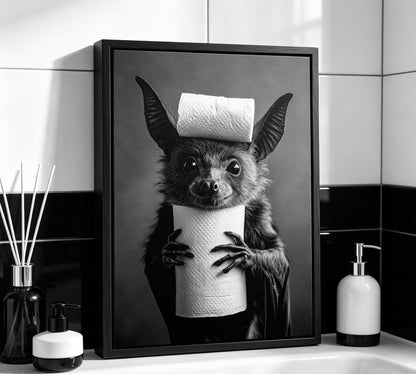 Funny Bat Bathroom Framed Wall Art, Black and White Cute Bat with Toilet Paper Wall Decor, Humorous Animal Bathroom Canvas Print for Restroom, Powder Room, Toilet, Home Decoration 8x10 Inch