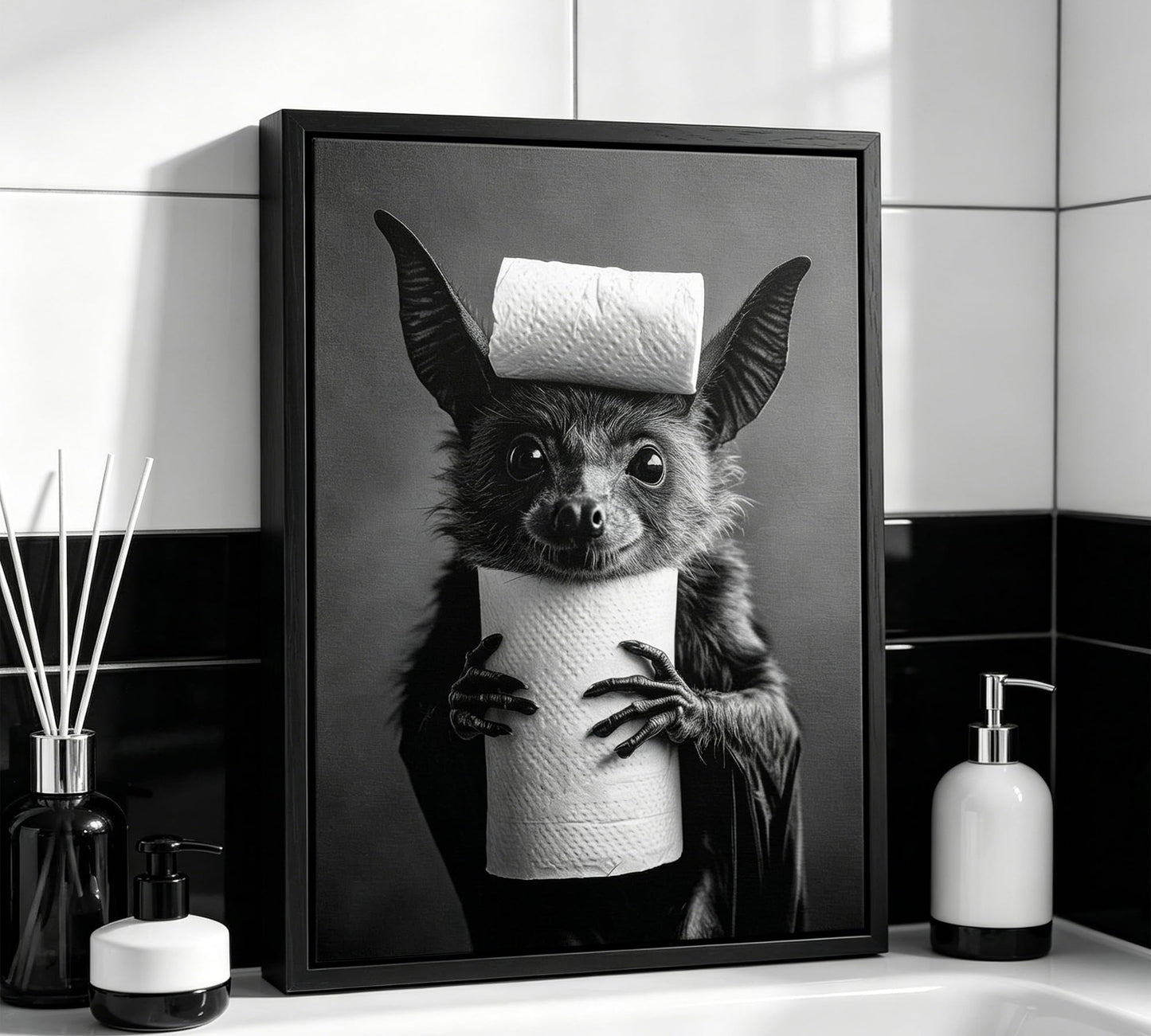 Funny Bat Bathroom Framed Wall Art, Black and White Cute Bat with Toilet Paper Wall Decor, Humorous Animal Bathroom Canvas Print for Restroom, Powder Room, Toilet, Home Decoration 8x10 Inch