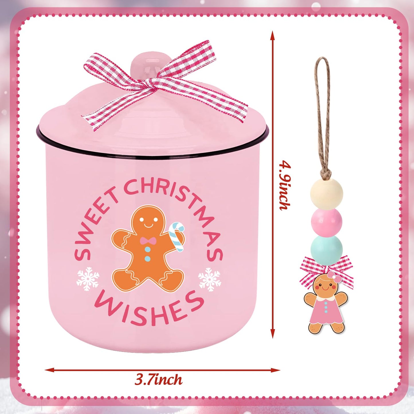 JarThenaAMCS Christmas Mini Ceramic Canister Mini Jar Pink Brown Gingerbread Man Candy Bowl with Lid Buffalo Plaid Bow Wooden Beads for Xmas Winter Home Table Centerpiece Decor Storage Accessory