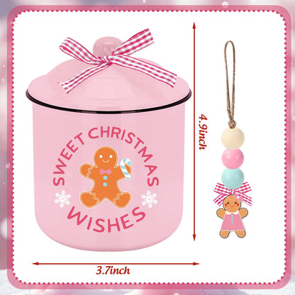 JarThenaAMCS Christmas Mini Ceramic Canister Mini Jar Pink Brown Gingerbread Man Candy Bowl with Lid Buffalo Plaid Bow Wooden Beads for Xmas Winter Home Table Centerpiece Decor Storage Accessory