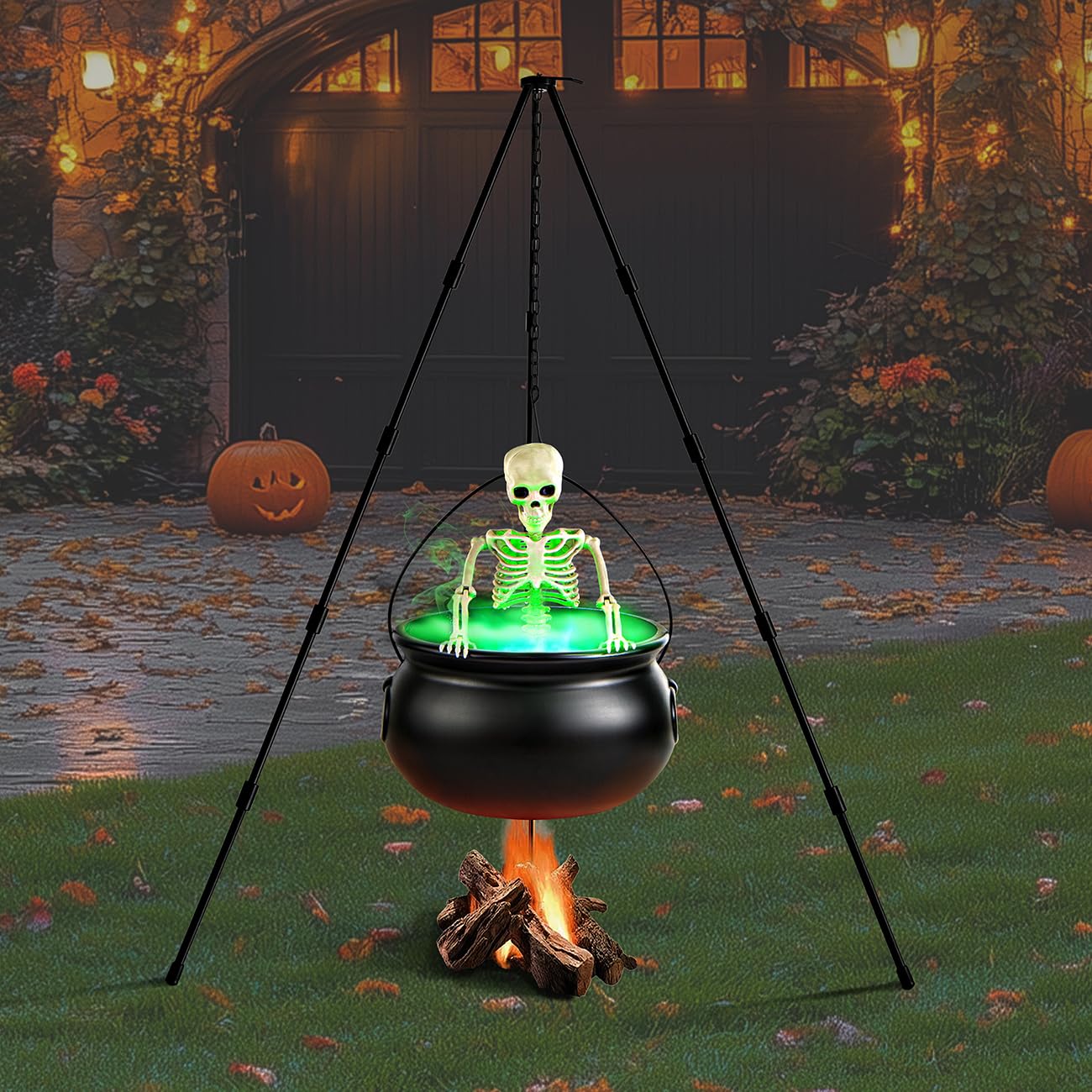 MEADIN Halloween Decorations Outdoor - Large Witches Cauldron on Tripod with Cauldron Diffuserr and Big Skeleton - Black Plastic Cauldron Halloween Decor for Outside Yard Lawn Home Porch Door