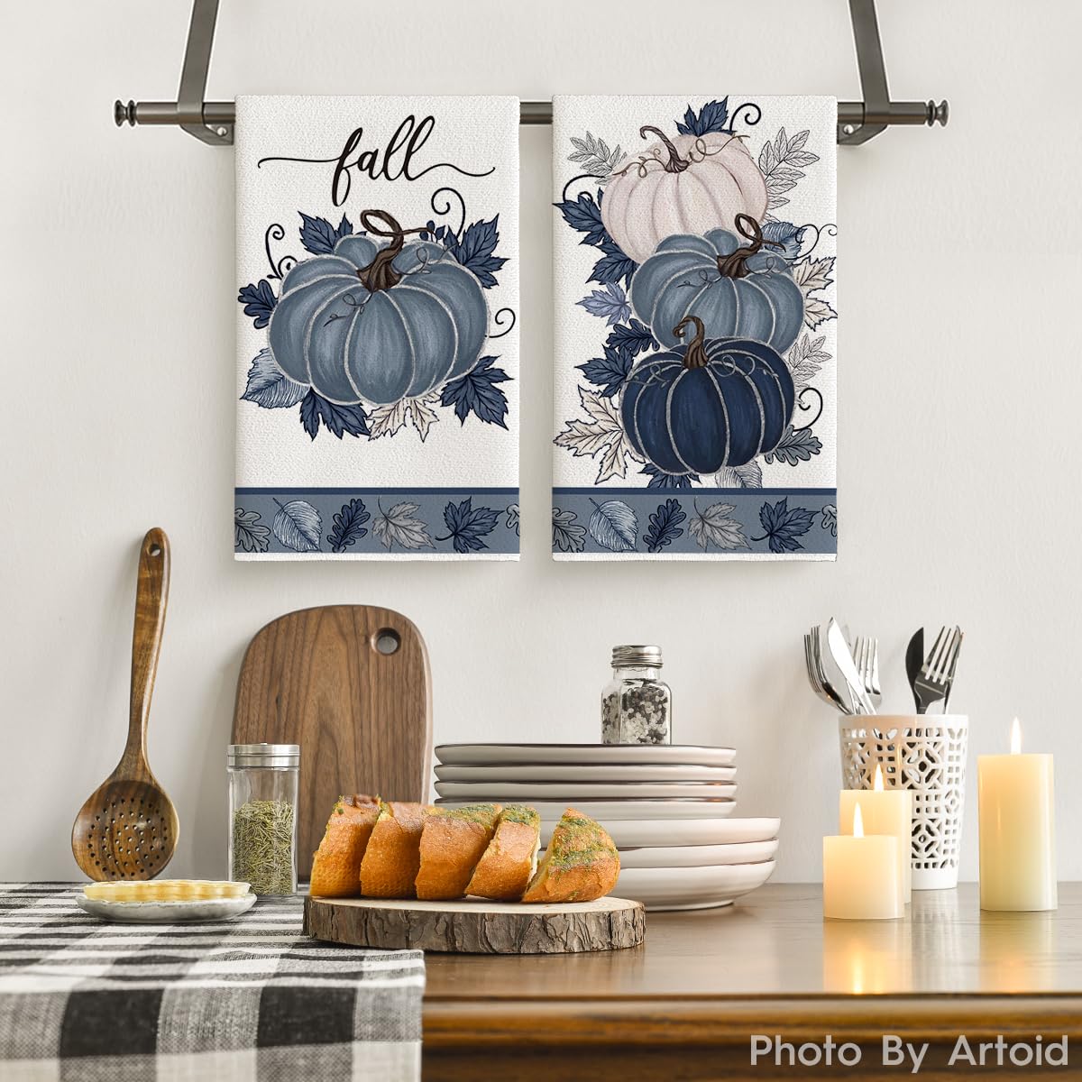 Artoid Mode Blue Leaves Pumpkin Fall Kitchen Towels Dish Towels, 18x26 Inch Farmhouse Autumn Decoration Hand Towels Set of 2
