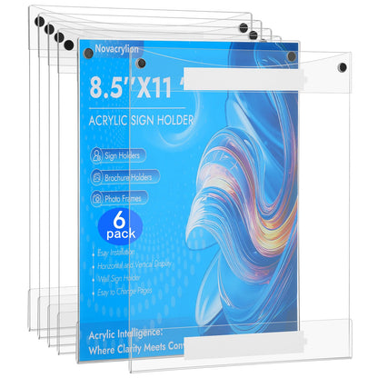 Novacrylion Acrylic Sign Holder 8.5 x 11 Wall Mount, Adhesive & Magnetic Back - Vertical or Horizontal Mount for Office, Classroom, Retail Displays on Glass, Doors, Wood, or Other Smooth Surfaces