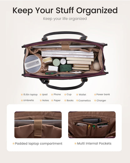 LOVEVOOK 17.3 inch Laptop Bag for Women, 2-in-1 Multi-Pocket Leather Tote Purse with Elegant Clutch & Cup Holder, Waterproof Structured Large Capacity Work Briefcase for Office Travel, Wine Red-Black
