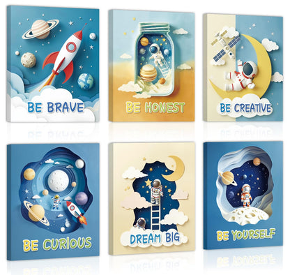 CHDITB Space Astronaut Kids Framed Canvas Wall Art Nursery Inspirational Artwork,Outer Space Galaxy Wall Decor,Rocket Planets Motivational Poster,Boys Prints For Living Room Bedroom Decor 8”X10”X6