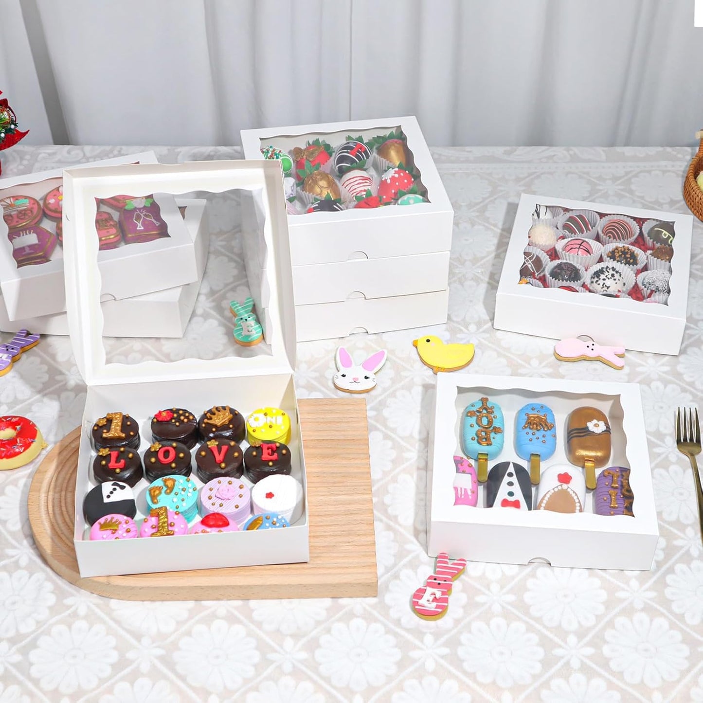 RomanticBaking 50pcs 8x8x2 Inches Bakery Boxes with Window Cookies Boxes Chocolate Covered Strawberries Boxes Cakesicle Boxes for Christmas Valentine's Halloween Easter Father's Mother's Day